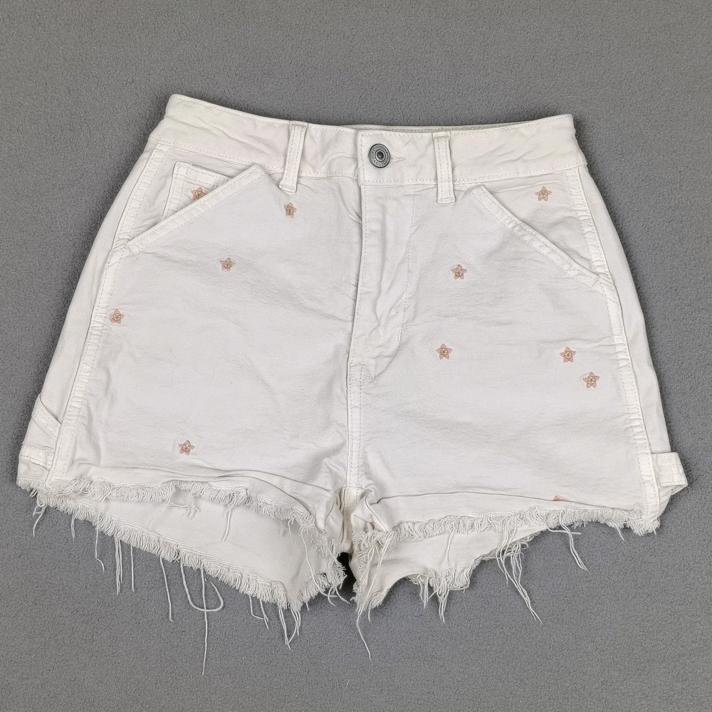 American Eagle Cutoff Mini Denim Shorts Size 00 White Micro Floral Carpenter EC